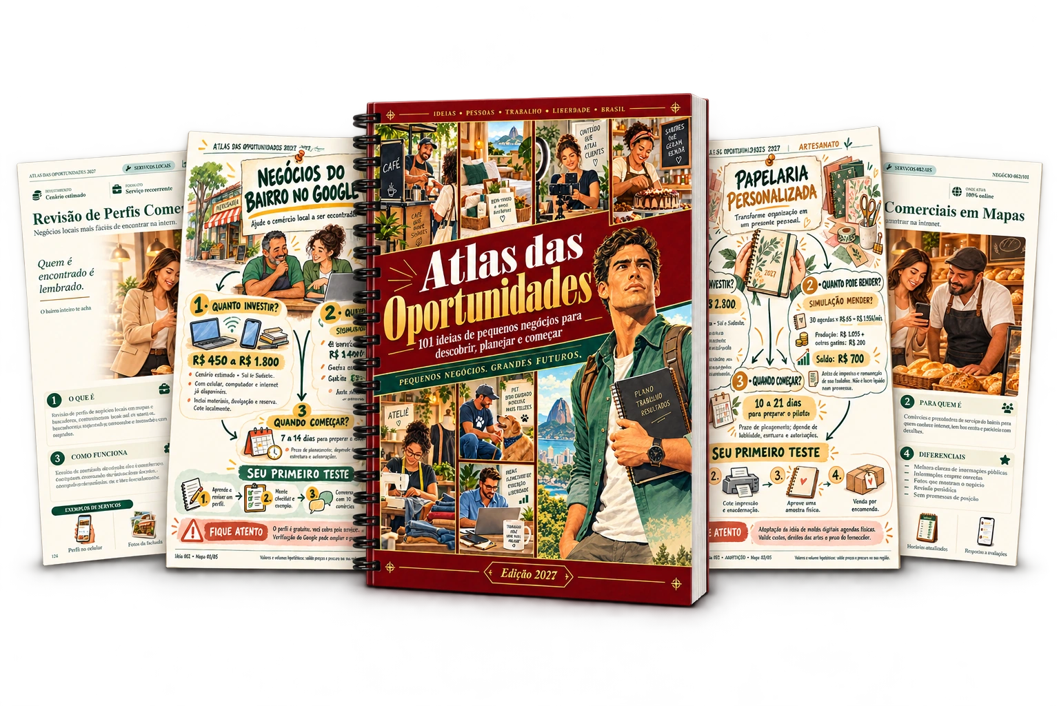 Atlas das Oportunidades: livro central com espiral, mapas mentais nas laterais e páginas ilustradas ao fundo